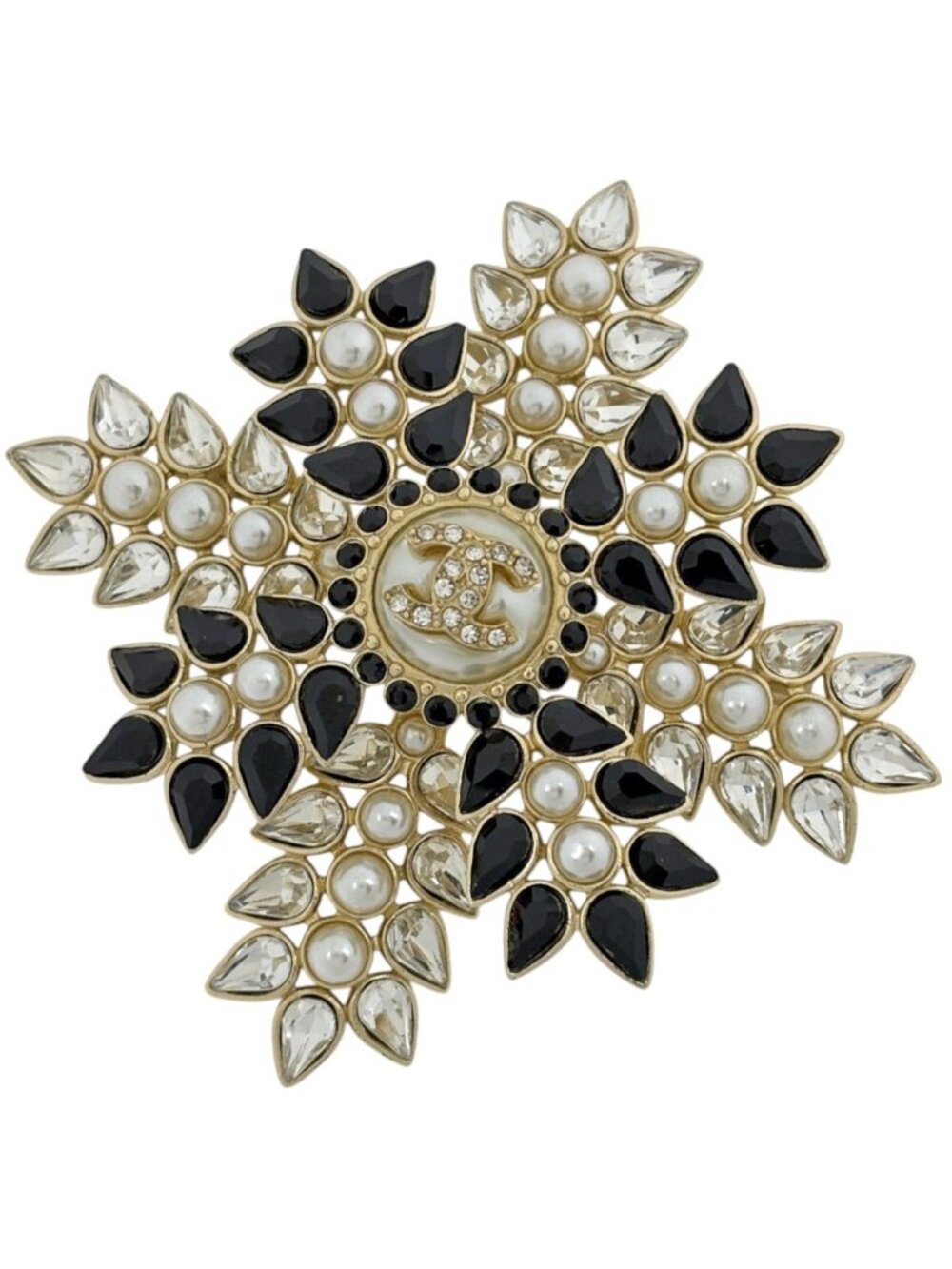Chanel Brooch CC Logo Snowflake Faux Pearl Rhinestone Gold Black
